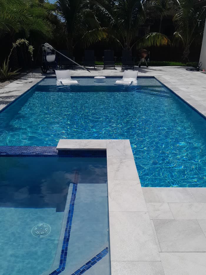 Una piscina con plataforma de sol poco profunda y tumbonas en el agua, con palmeras detrás